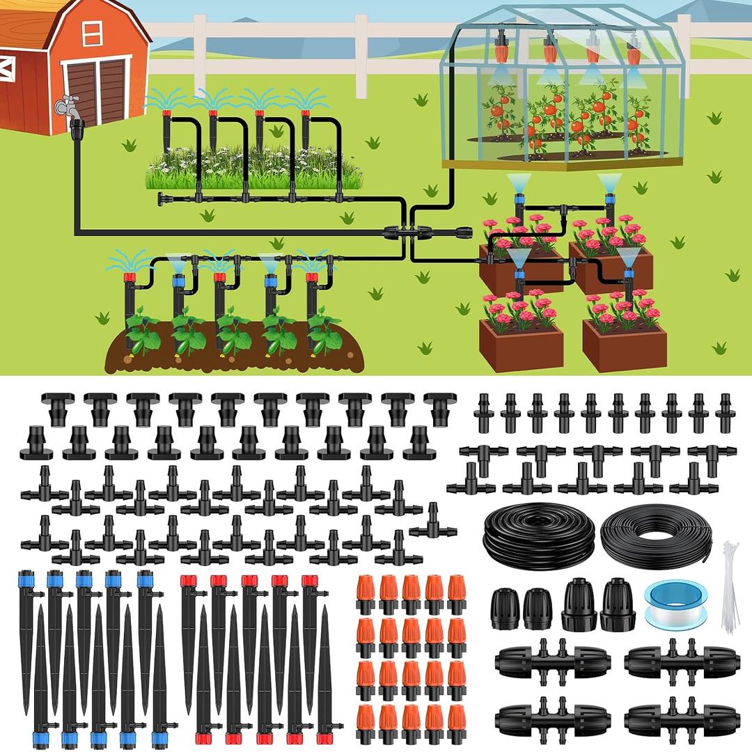 Pawfly Drip Irrigation System for Garden, 240FT Drip Irrigation Kit with 1/2" & 1/4" Tubing Adjustable Emitters Fittings and Accessories, Garden Watering System for Garden Greenhouse Lawn Yard
