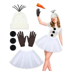 7 Pcs Christmas Snowman Costumes for Women Adult Winter Snowman Accessories Beanie Knit Hat 3 Black Faux Fur Pom Poms Carrot Nose Gloves Tutu Skirt for Holiday Cosplay Party