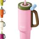 Tumbler with Handle,36 oz Ceramic Lined Travel Mug Water Bottle with Straw,Vacuum Insulated Stainless Steel Cup with Lid,Fits Cup Holder, Leak Resistant Press-in Lid, Pink