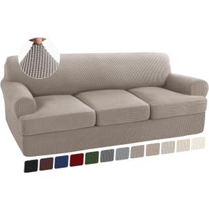 Turquoize 4 Piece T Cushion Sofa Slipcovers Stretch Couch Cover Furniture Covers with 3 Individual T Cushion Covers, Machine Washable (3 Cushion Sofa, Taupe)