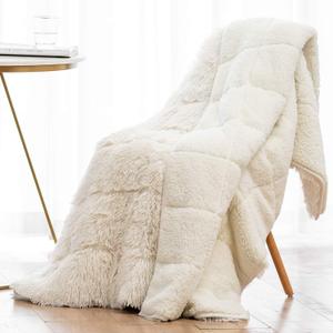 Wemore Shaggy Long Fur Faux Fur Weighted Blanket, Cozy and Fluffy Plush Sherpa Long Hair Blanket for Adult 15lbs, Fluffy Fuzzy Sherpa Reverse Heavy Blankets for Bed, Couch, Cream White, 80 x 87 Inches