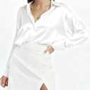 Button Down Shirts for Womn Satin Blouse Silk Long Sleeve Dress Shirt | Fashion Collared Top, Wrinkle Free, Work Business Casual Festival Evening Party Date Elegant Fall (White, M)
