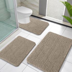OLANLY Bathroom Rugs Sets 3 Piece, Soft Absorbent Chenille Bath Mats and U-Shaped Contour Toilet Rug, Quick Dry, Home Decor Accessories, Bath Mat Set for Bathroom (30"x20"+24"x16"+24"x20", Warm Taupe)
