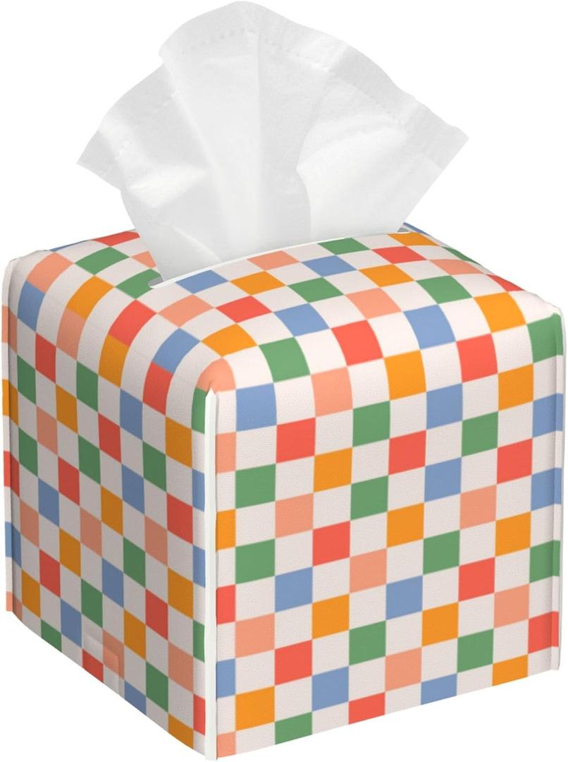 Retro Leather Tissue Box Holder Colorful Checkerboard Tissue Box Cover Facial Paper Case Organizer Cube Napkin Dispenser for Bathroom Vanity Countertop Night Stand Office Car