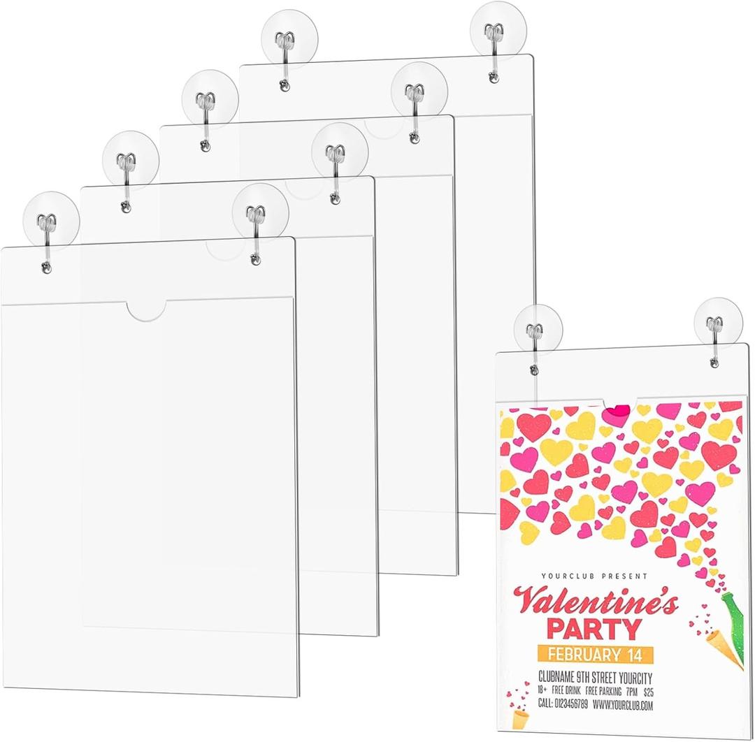 4 Pcs Acrylic Window Sign Holder, 8.5 x 11 Inch Hanging Acrylic Sign Holder, Wall Mount Paper Display Ad Frame with Tape,Mounting Screws,Suction Cups Hooks for Mall Office Store Restaurant