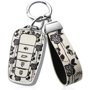 EnerCharge for Toyota Key Fob Cover with Keychain,Premium Soft TPU and Leather Key Case Protector Compatible with 2020-2022 Highlander Corolla Prius,2018-2024 RAV4 Camry Avalon C-HR GT86 (White Rose)