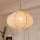 METHEDEECO Oval Hanging Lamp Shade, 16 Inch Faux Linen Pendant Lamp Shade, Foldable Fabric Replacement Shade, White with Beige, Minimalist Pendant Lantern Shade for Bedroom Living Room Kitchen, 16 inches x 11.5 inches