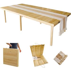 Amdermi Folding Picnic Table with Table Runner, Portable Boho Low Picnic Table for Indoor Outdoor, 60" x 30" Wooden Table for Camping, Wedding, Beach, Garden, Party(Large Size for 6-8) 