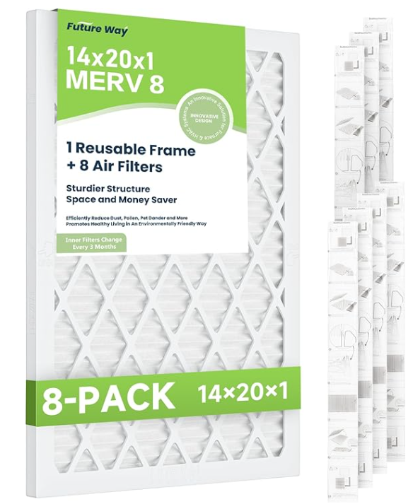 Future Way 14x20x1 Air Filters, 8-Pack with Reusable Frame, MERV 8, MPR 700 AC Furnace Filters, Space Saving & Cost-effective