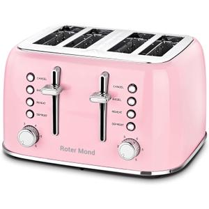 Roter Mond Toaster 4 Slice Retro Stainless Steel with Extra Wide Slots Bagel, Defrost, Reheat Function, Dual Independent Control Panel, Removable Crumb Tray, 6 Browning Levels, Pink