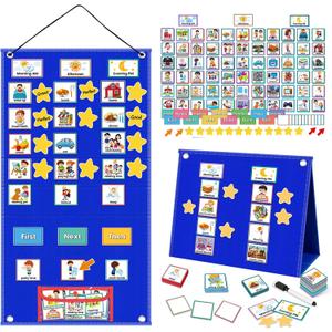 Large Visual Schedule for Kids with Autism 27"x14.5" Morning Routine Chart for Toddlers Behavior Reward Chore Chart for Kids at Home ADHA, Autism Learning Materials with 124 Cards (Large Blue) (Blue-wider Version)