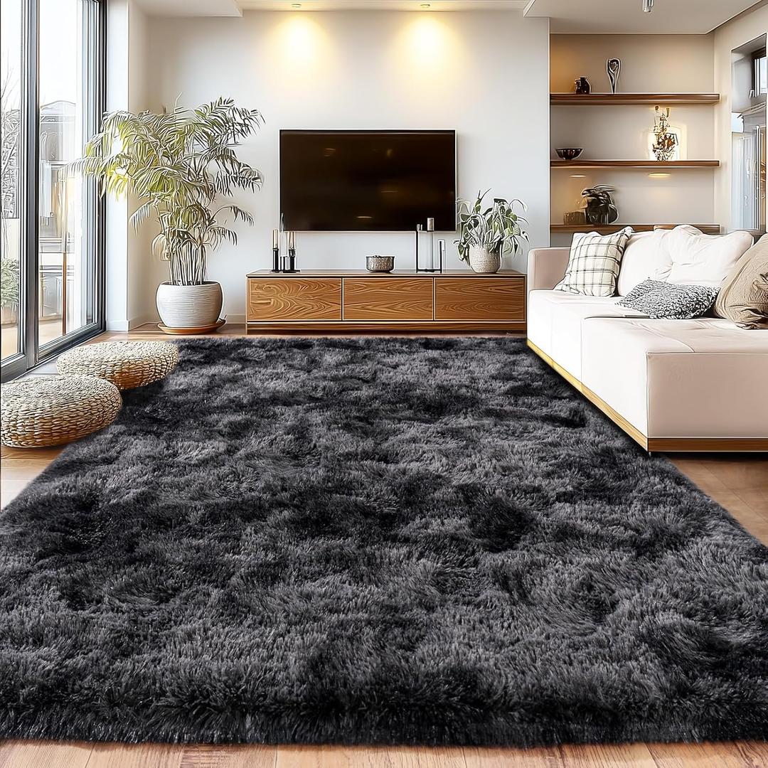 Shaggy Area Rugs, Fuzzy Rugs for Living Room, Soft Nursery Area Rug for Girls, Tie Dye Black Gray Plush Area Rugs Non Slip, Fluffy Rug Carpet 8x10ft