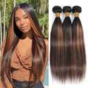 BilltiiWW Highlight Bundles P1B30 Straight Bundles Two Tone Black Mixed With #30 Light Brown Brazilian Weave Soft and Silky for Women 18 20 22 Inch