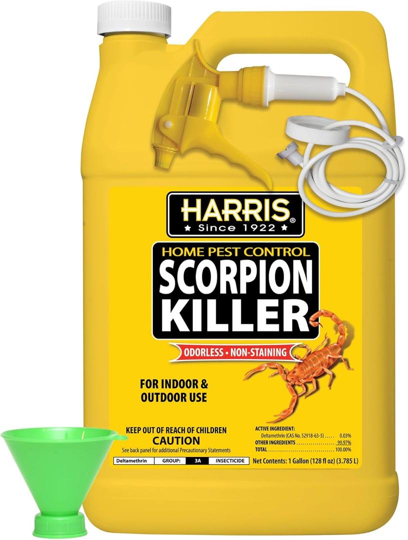 Harris Scorpion Killer, Liquid Spray with Odorless and Non-Staining Extended Residual Kill Formula (Gallon) 128 Fl Oz Includes Refill Funnel and Trigger Sprayer Applicator