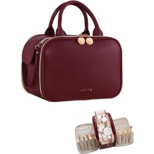 Prite Makeup Bag for Women, Large Capacity Waterproof Travel Cosmetic Organizer, Portable Open Flat Toiletry Bag with Free-standing Brush Holder and Handle (Burgundy Large)