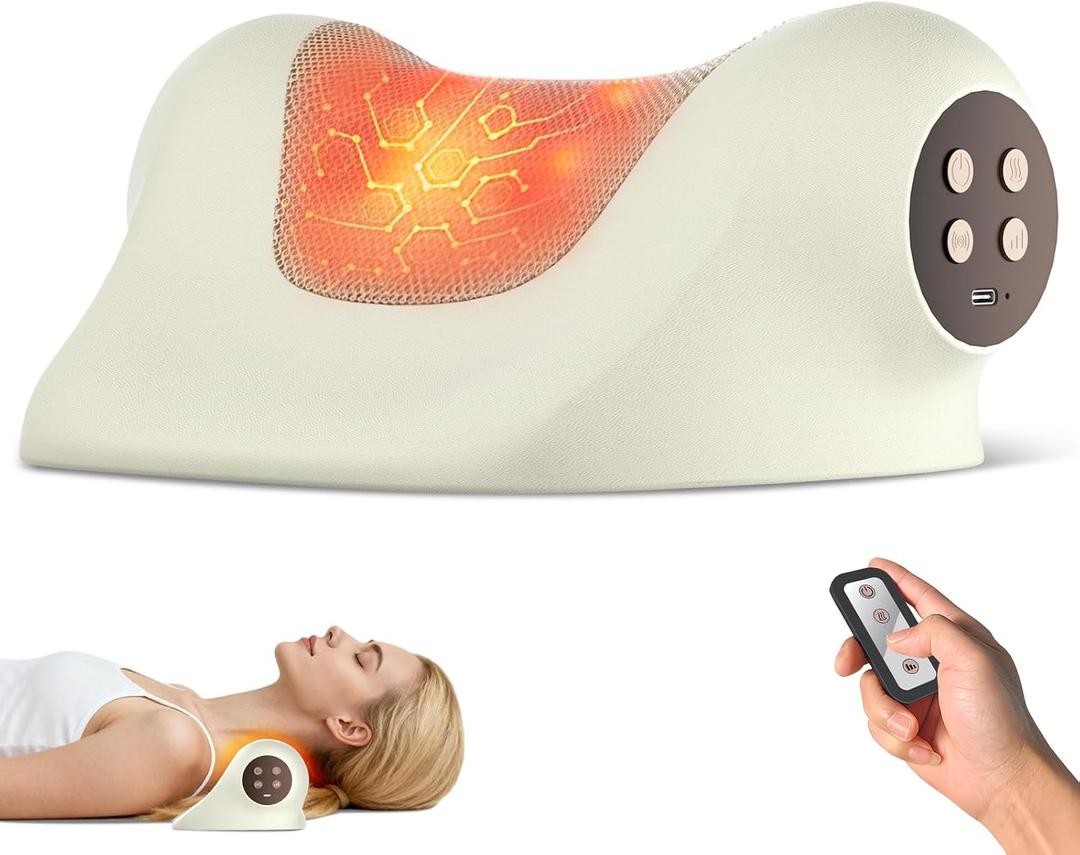 Neck Massager with Heat, Red Light & Vibration Adjustable, Heated Neck Stretcher with 3 Modes, Rechargeable Cervical Traction Device for Pain Relief & Muscle Relaxation, Gift for Women Men