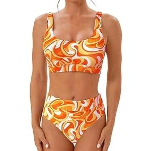 High Waisted Two Piece Swimsuits for Women Tummy Control Tankini Bathing Suits Sporty Printed Swimwear (Small, Black+white)