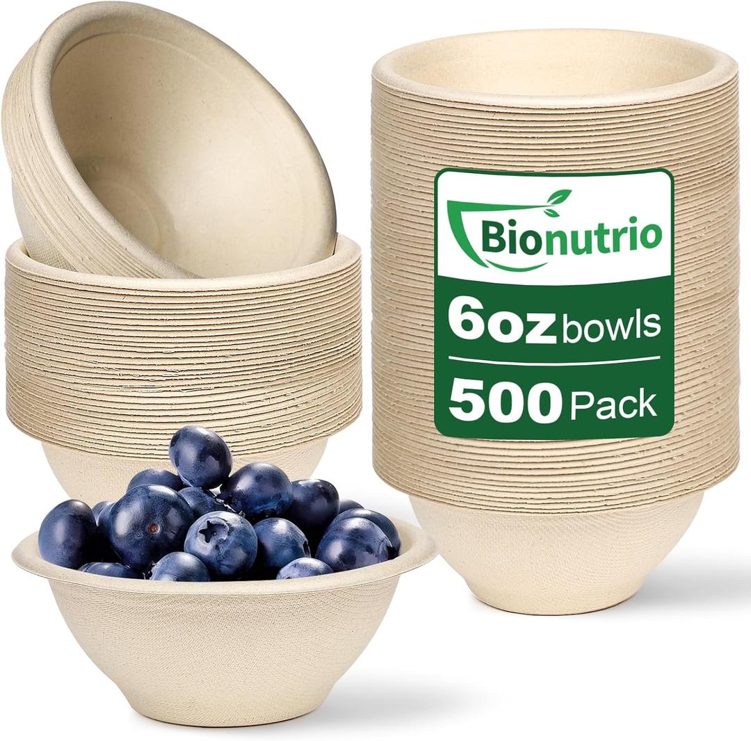 Small Paper Bowls 6 oz, 500 Pack Disposable Compostable Bowls Bulk, Heavy Duty Biodegradable Bagasse Bowls for Snacks, Soup, Salads, Microwave Safe Chili Bowls