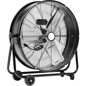 Amazon Basics 24" 215W High-Velocity, Heavy-Duty Industrial Fan, Drum Fan, with UL-Certified Safety Compliance, 2 Speeds, Up to 8820 CFM, 5.9-ft Power Cord, 2 Wheels, Metal Housing/Blades, Black
