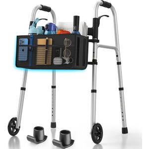 HolyHeal Folding Walkers for Seniors with Basket and Glide Skis, 5" Wheels Lightweight Rolling Walker, Support Up to 350 lbs, Height Adjustable Standard Compact Walker, Silver