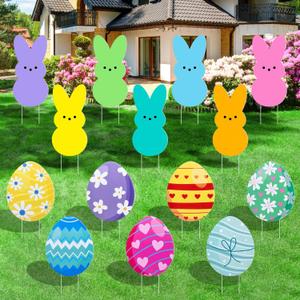 14pcs Easter Yard Signs Outdoor Decorations, Waterproof Bunny Eggs with Stakes Lawn Yard Decorations, Large Size Easter Rabbit Egg Home Patio Ornaments Party Supplies Spring Decor Prop