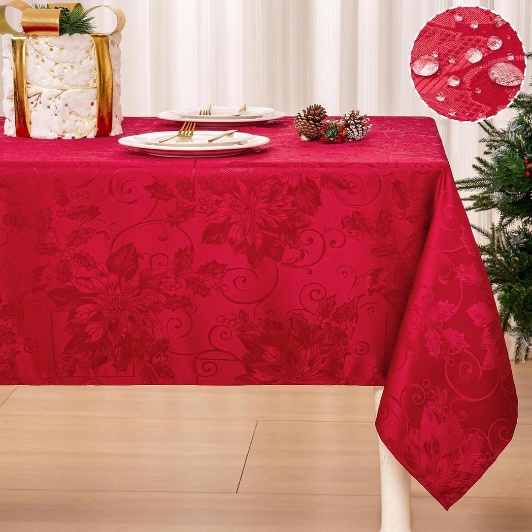 Mebakuk Christmas Jacquard Tablecloth Waterproof Elegant Damask Floral Pattern Table Cloth, Heavy Weight Wipeable Wrinkle Free Table Covers for Dinner or Daily Uses (Red, 60" x 120" (10-12 Seats))