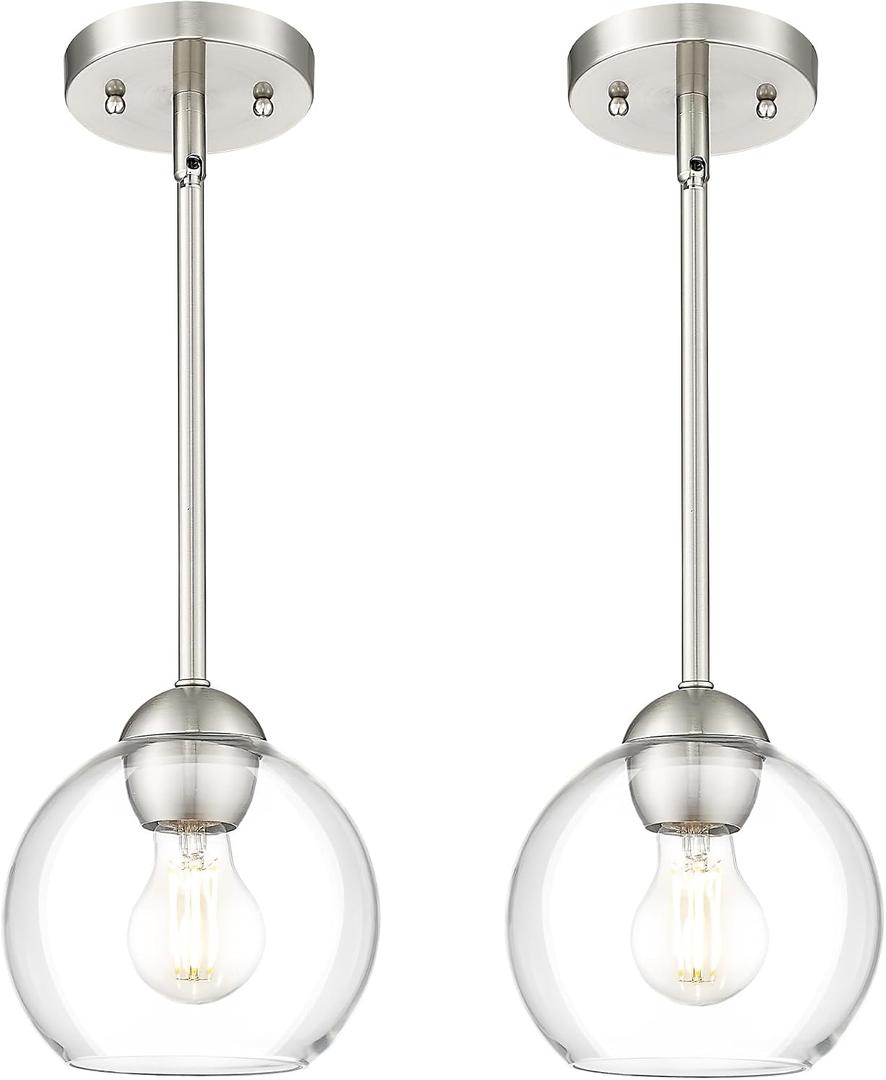 Emak 2 Pack Brushed Nickel Pendant Light Fixtures, 7 Inch Globe Pendant Lights with Clear Glass Shade, 1-Light Hanging Lights for Kitchen Island, Bathroom, Dining Room, PL119-BN-2PK