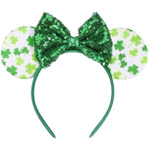 2 x AIDVPOD St. Patrick's Day Mouse Ears Headband Sequins Bow Hair Band Green Shamrock Head band for Women Irish Festive Party Hair Accessories