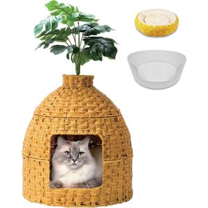 Cat Hidden Litter Box Enclosure Furniture with Cats Bed,Artificial Plants,Handwoven Rattan with Cat Litter Box and Real Stones,in Living Room, Bedroom, CornerNatural