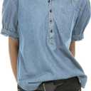 Locachy Women's Half Button Mock Neck Denim Shirt Casual Puff Short Sleeve Denim Blouse Top (Blue, L)