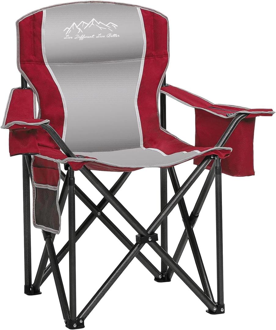 Folding Camping Chair Portable Outdoor Heavy Duty Padded Chairs Lawn Chair with Cup Holder, Storage Pocket and Cooler Bag, Supports 450LBS Red