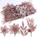 Winlyn 35 Pcs Christmas Artificial Poinsettia Flowers Picks and Artificial Leaves Sprays Rose Gold Glitter Christmas Floral Picks for Rose Gold Christmas Tree Wedding Holiday Decor Centerpiece Wreath