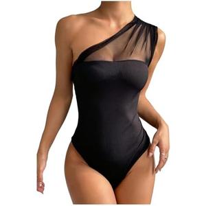 SOLY HUX Bodysuits for Women Mesh Sheer Ruched One Shoulder Sleeveless Summer Bodysuit Tops, L