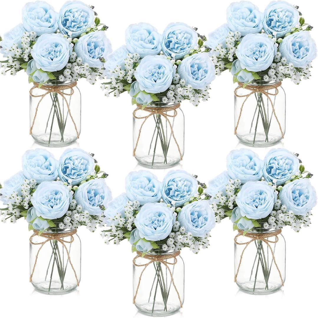 Zeyune 6 Sets Mason Jar Centerpiece Table Decorations, Artificial Peony Baby's Breath Flower Bouquets, Faux Flowers with Vase, Rustic Decor Gifts for Home, Wedding, Holiday (Blue)