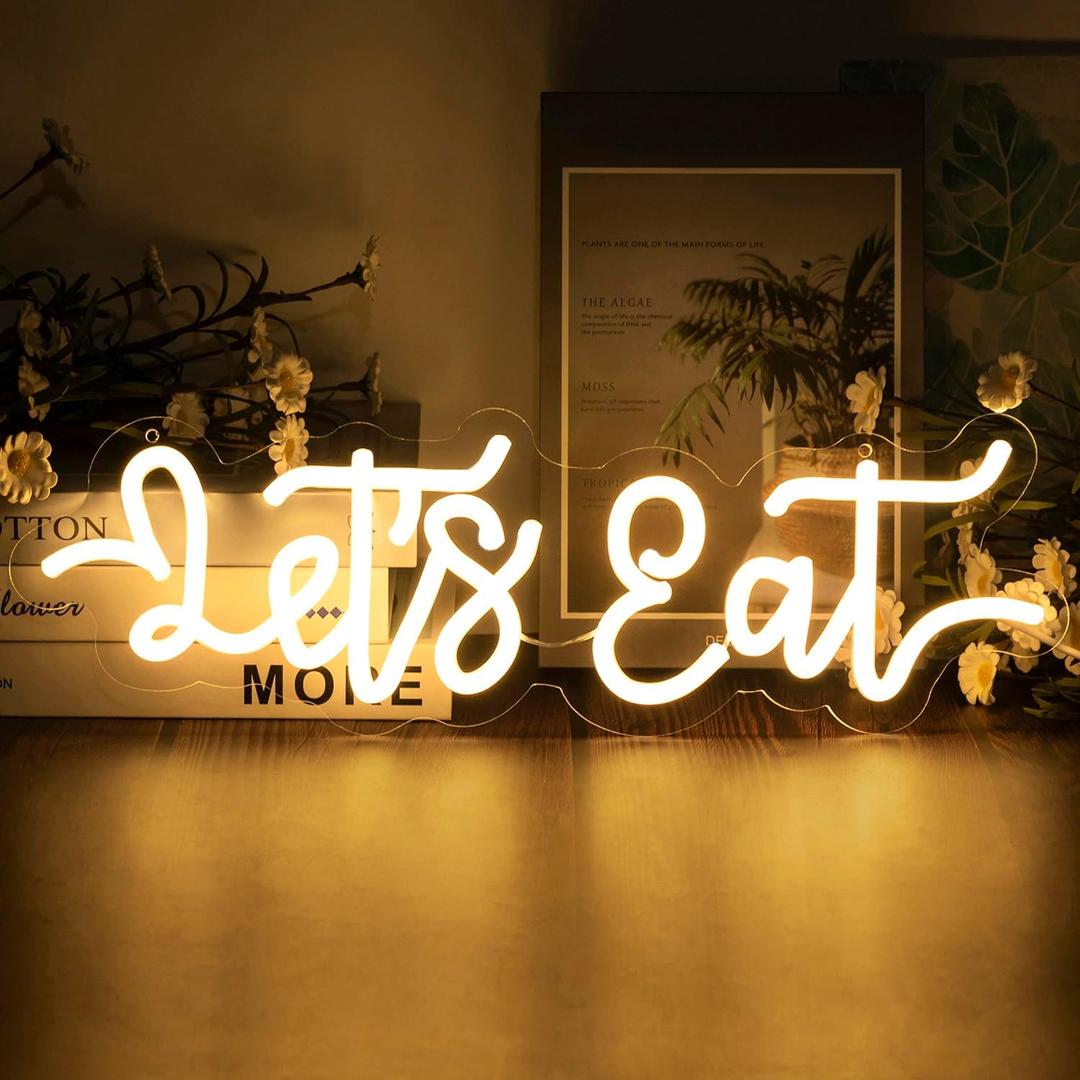 Let's Eat Neon Sign Dimmable Neon Signs for Wall Decor Inspirational LED Signs USB Light Up Sign for Kitchen Wall Decor Decoration Kitchen Sign Dining Room Home Restaurant Decoration