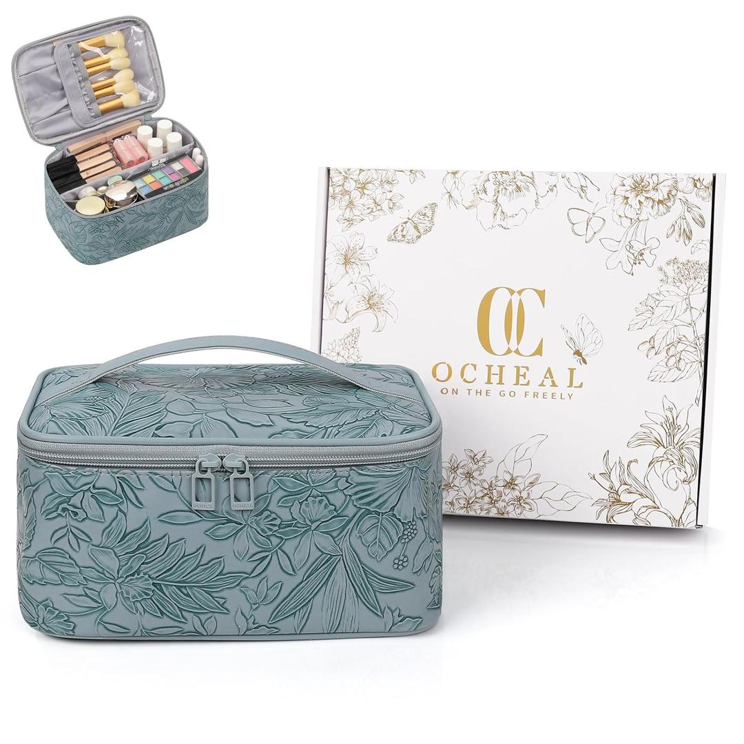 OCHEAL Makeup Bag,Travel Makeup Organizer Bag, Large Capacity Cosmetic Bags for Women Large Travel Toiletry Bag for Girls Traveling With Brush Slot And Divider-Blue Floral