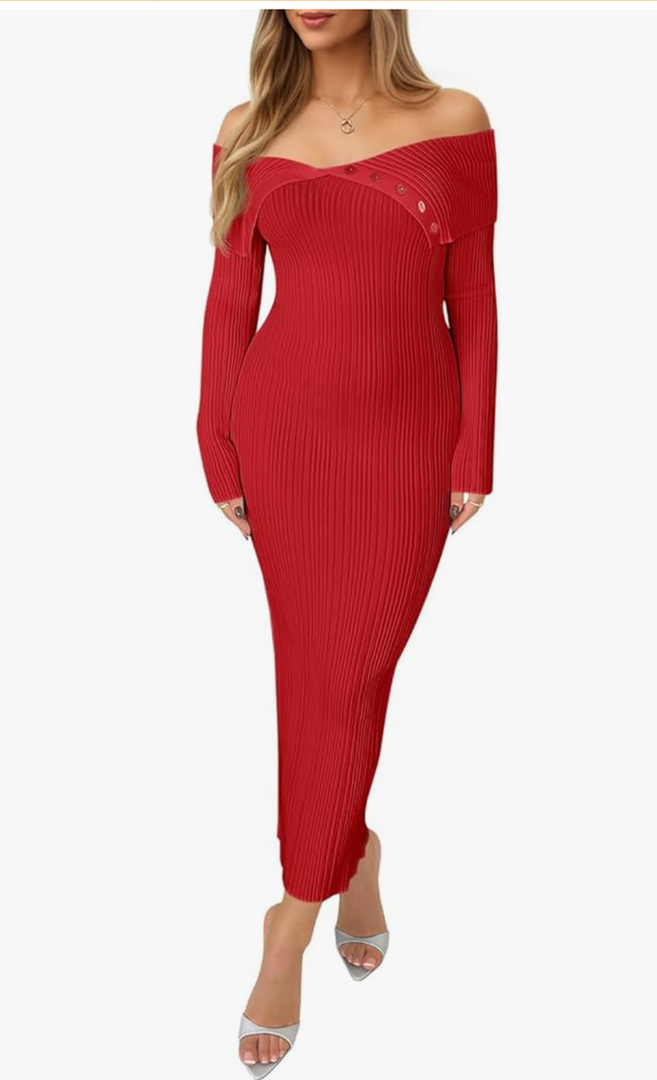 Saodimallsu Women's Off The Shoulder Sweater Dress Long Sleeve Bodycon Ribbed Knit Cocktail Party Formal Midi Dresses Medium