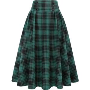 IDEALSANXUN Plaid Skirt for Women's High Waist Aline Pleated Midi Skirts (Green 02) XL