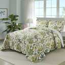 Travan 3-Piece Quilt Set Quilted Bedspread Cotton Coverlet Set Floral Oversized Quilted Bedding Set for All Season, White Vine, King Size