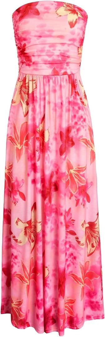 HUSKARY Pink Floral Dress for Women Summer Casual Strapless Tube Top Midi Dresses Beach Vacation Clothes Pink Floral L
