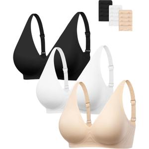 Angelhood Deep V Jelly Bras for Women Comfort Wireless Bralettes Adjustable Seamless Push Up Plunge Bras Black/Nude/White, Medium