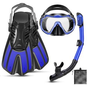 Snorkeling Gear for Kids Adults, 4 in 1 Travel Mask Fins Snorkel Set with Panoramic View Anti Fog Mask, Dry Top Snorkel, Trek Fins and Travel Bag, Snorkel Gear for Swimming Diving Snorkeling (Blue)