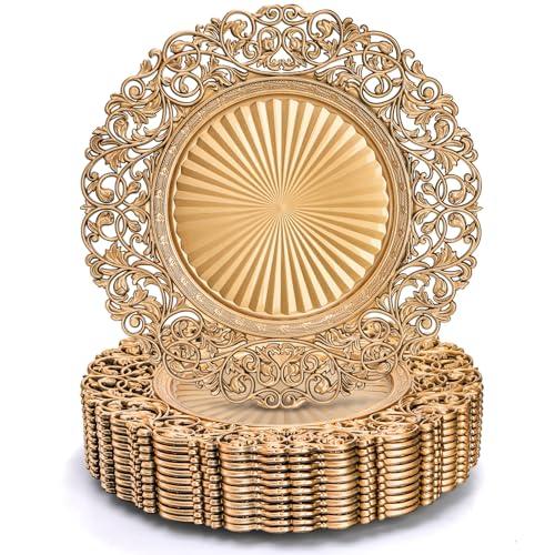 Foraineam Gold Charger Plates Set of 12, 13" Round Plastic Dinner Chargers, Decorative Hollowed Out Flowers Serving Plates for Table Setting, Catering, Wedding, Party, Event