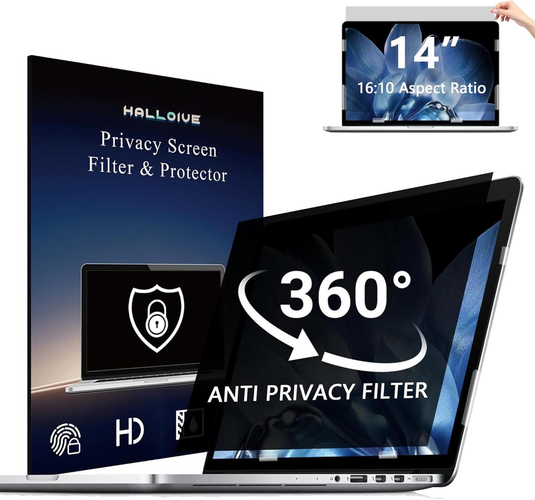 4-Way Laptop Privacy Screen Shield 14 Inch 16:10 Aspect, Removable 360 Privacy Filter Screen Protector for 14 Inch Laptop Computer, Anti Glare Blue Light Slide Mount Tabs Cover
