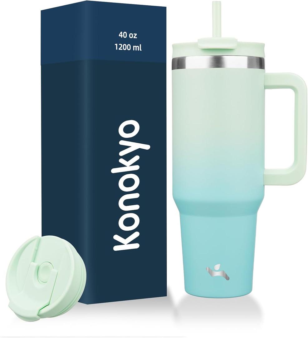 40 oz Tumbler with Handle and 2 Straws,2 in 1 Lid Insulated Water Bottle Stainless Steel Travel Coffee Mug,Mint