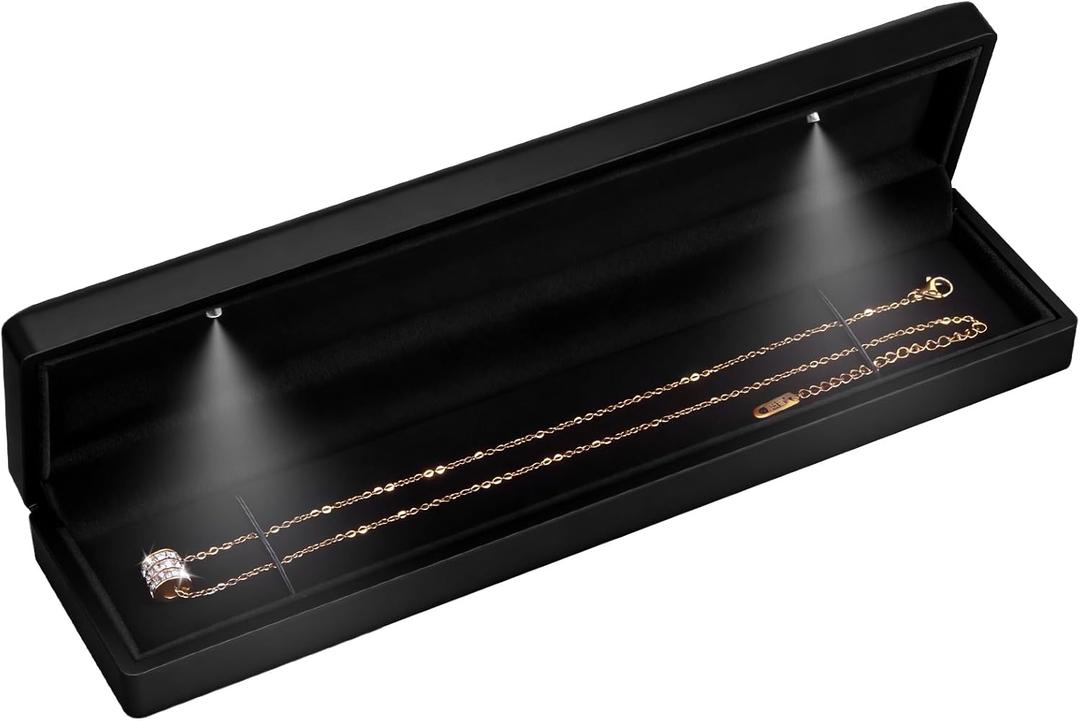 Hatori Long Chain Necklace Jewelry Gift Box with LED Light, Bracelet Storage Case, Jewellry Display Box for Wedding, Engagement, Proposal, Birthday, Anniversary (Black)