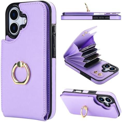 Folosu Compatible with iPhone 17 Case Wallet with Card Holder, 360°Rotation Finger Ring Holder Kickstand, RFID Blocking Leather Protective Double Buttons Shockproof Cover 6.3 Inch Purple