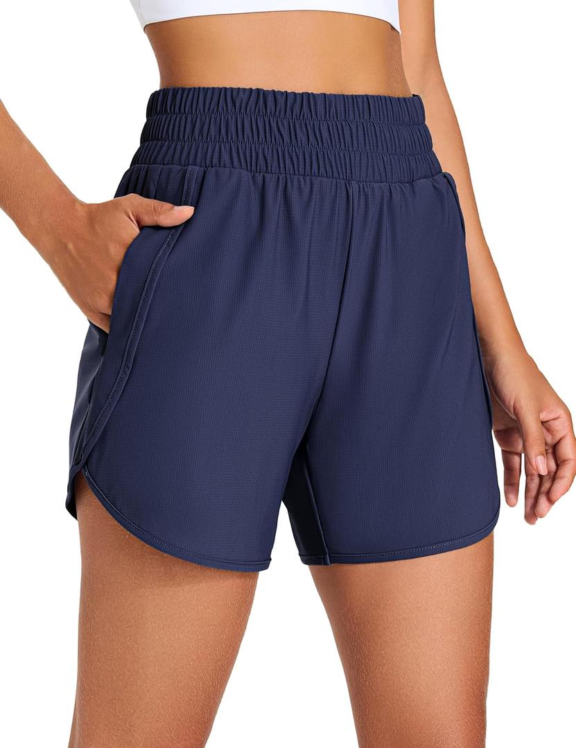 KPSUN Women's Athletic Running Shorts 5" High Waisted Summer Workout Gym Shorts with Zipper Pockets Lightweight Quick Dry, Large