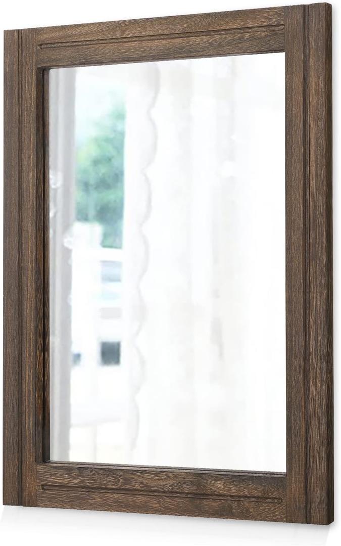 AAZZKANG Rustic Wood Mirror Rectangle Decorative Wall Hanging Mirrors with Frame for Bedroom Living Room Bathroom Home Entryway (16"L x 12"W, Retro Brown)