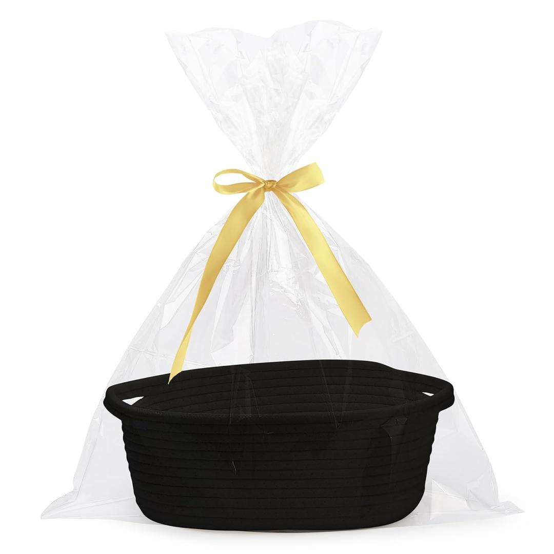 Pro Goleem Small Woven Basket with Gift Bags and Ribbons Durable Baskets for Gifts Empty Small Rope Basket for Storage 12"X 8" X 5" Baby Toy Basket with Handles, Black